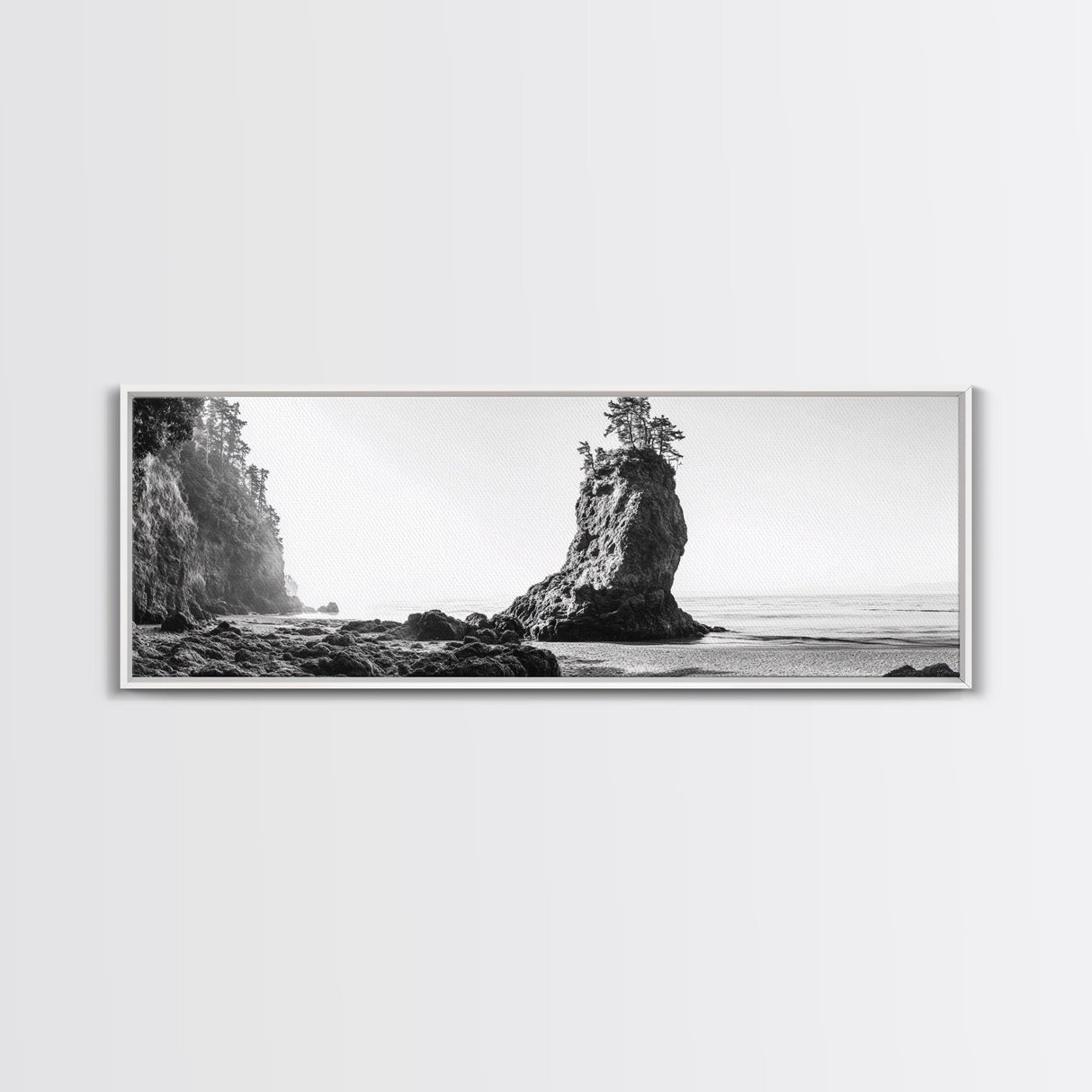 Sea Stack, Rugged Coast, Ocean Cliffside, Framed Canvas Print, Coastal landscape, Nature photography, Office wall art, Monochrome design
