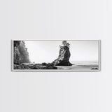 Sea Stack, Rugged Coast, Ocean Cliffside, Framed Canvas Print, Coastal landscape, Nature photography, Office wall art, Monochrome design