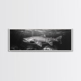 Underwater Fish, Lake Trout, Black and White Ocean, Framed Canvas Print, Coastal Bathroom Art, Fisherman Gift, Nautical Wall Decor