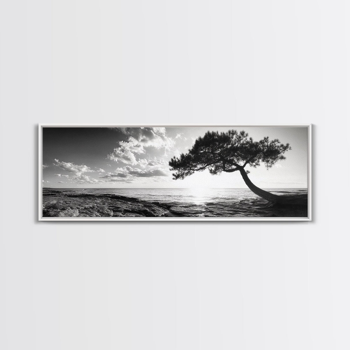 Lone Tree, Coastal Sunset, Ocean Horizon, Framed Canvas Print, Tranquil Landscape Art, Meditation Room Wall Art, Nature Zen Decor