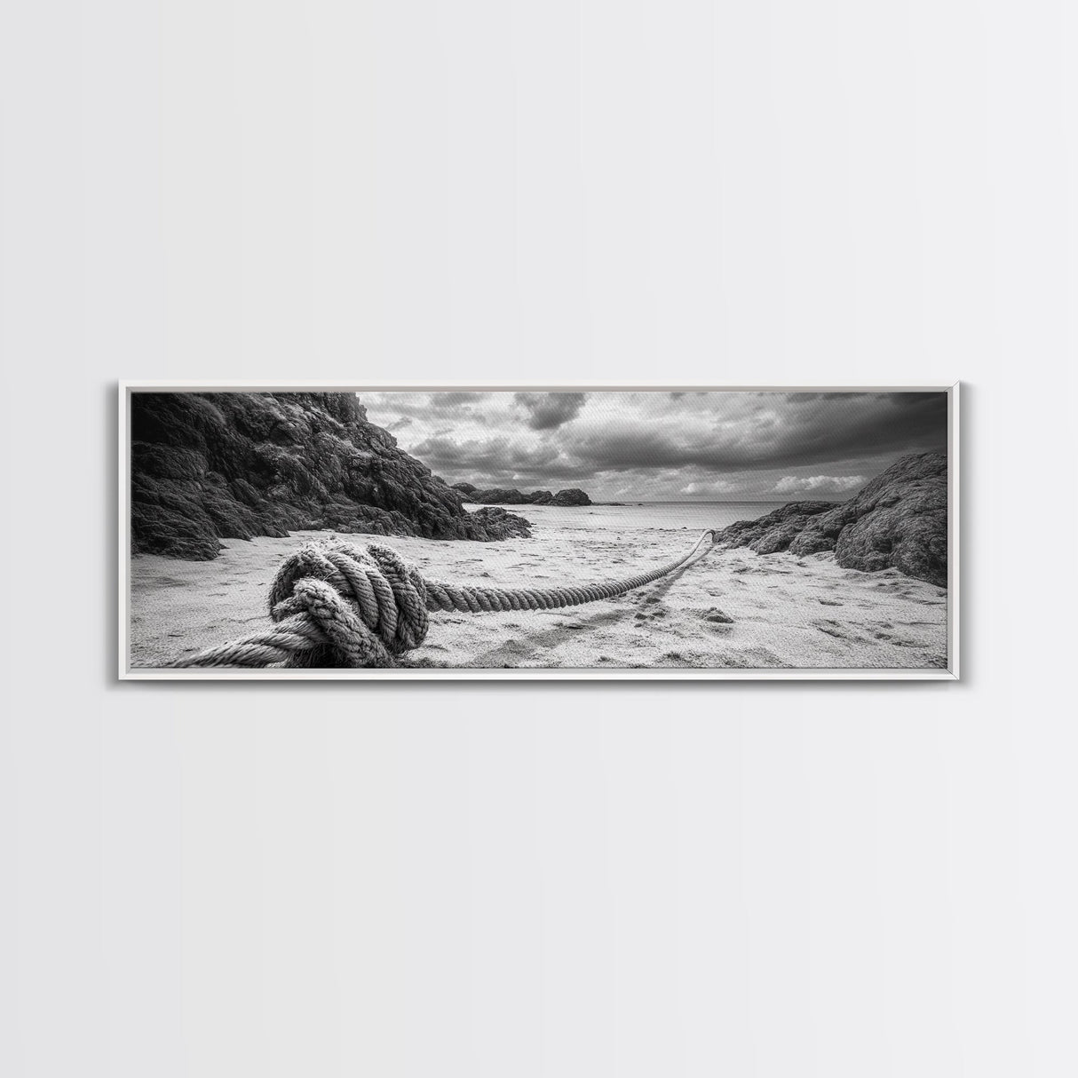 Nautical Rope Shore, Moody Ocean Rocks, Coastal Minimalist, Framed Canvas Print, Entryway Wall Art, Rustic Nautical Decor, Lakehouse Wall Art