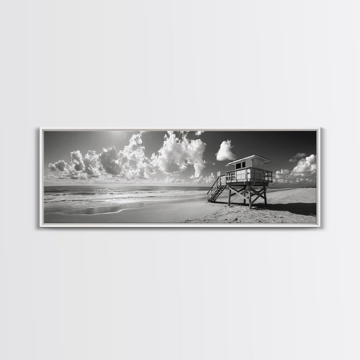 Lifeguard Tower Sky, Beach Scene Clouds, Surfside Minimalism, Framed Canvas Print, Bathroom Wall Art, Modern Coastal Decor