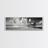 Lifeguard Tower Sky, Beach Scene Clouds, Surfside Minimalism, Framed Canvas Print, Bathroom Wall Art, Modern Coastal Decor