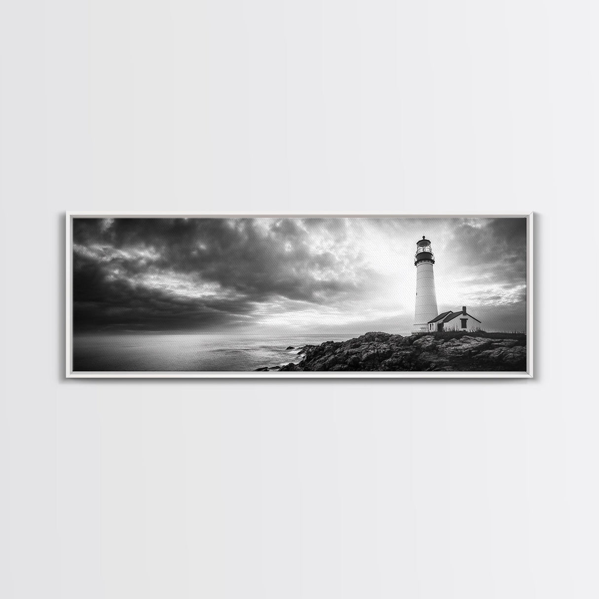 Dramatic Lighthouse Coast, Ocean Storm Horizon, Coastal Adventure, Framed Canvas Print, Living Room Wall Art, Nautical Fall Decor