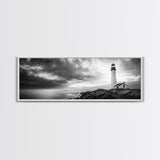Dramatic Lighthouse Coast, Ocean Storm Horizon, Coastal Adventure, Framed Canvas Print, Living Room Wall Art, Nautical Fall Decor