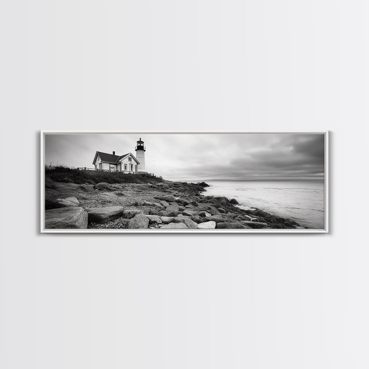 Classic Lighthouse Shore, Rocky Coastline Fog, Seaside Charm, Framed Canvas Print, Office Wall Art, New England Coastal Decor