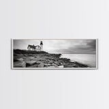 Classic Lighthouse Shore, Rocky Coastline Fog, Seaside Charm, Framed Canvas Print, Office Wall Art, New England Coastal Decor