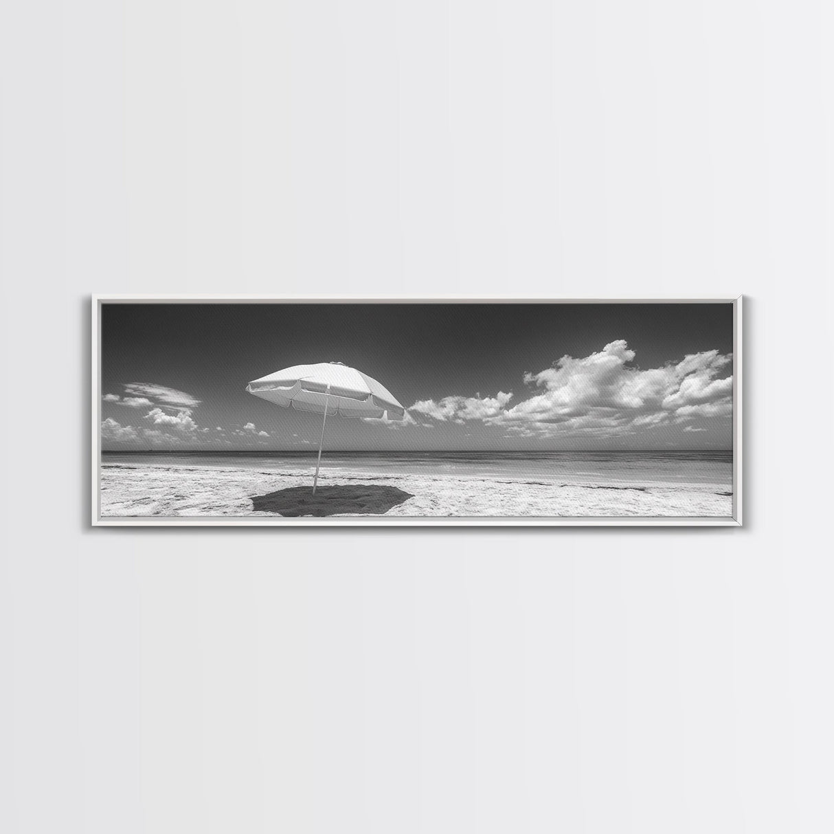 Beach Umbrella, Sunny Sky, Ocean Escape, Seaside Shade, Framed Canvas Print, Summer Wall Art, Bathroom Decor, Minimalist Coastal Style