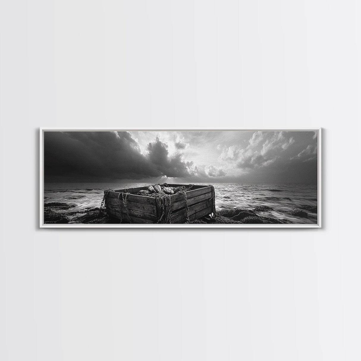 Ocean Harvest, Driftwood Crate, Coastal Mood, Framed Canvas Print, Nautical Wall Decor, Rustic Bathroom Art, Moody Coastal Artwork