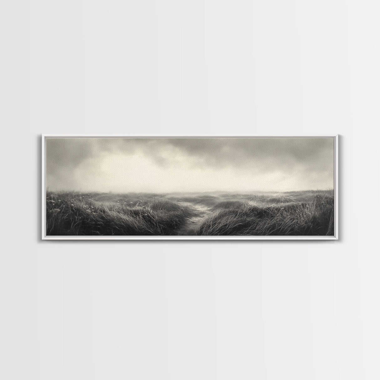 Foggy Path, Coastal Field, Silent Morning, Canvas Print, Neutral Bedroom Art, Scandinavian Style, Minimal Fall Wall Decor