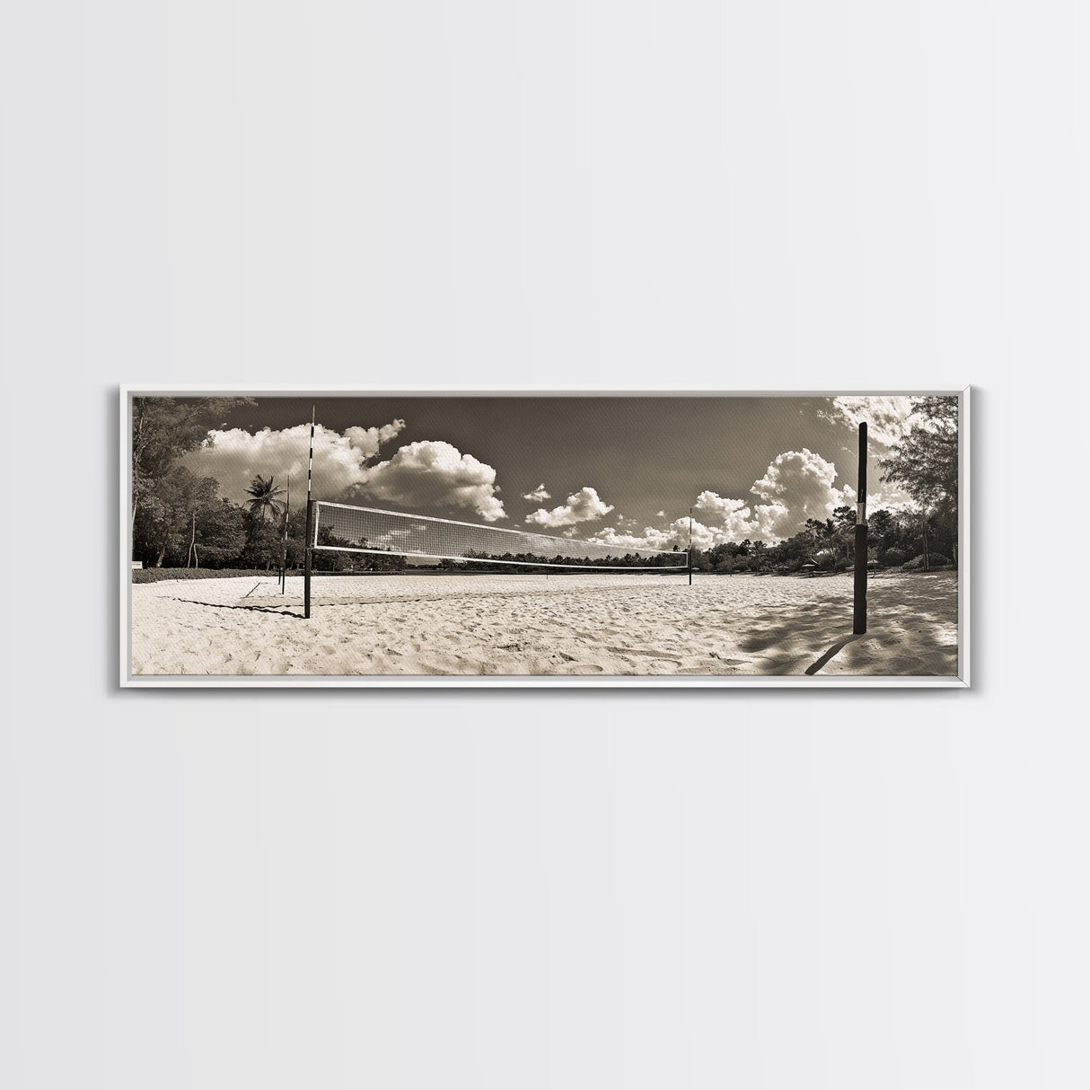 Beach Volleyball, Sand Court, Summer Fun, Tropical Clouds, Framed Canvas Print, Sports Room Wall Art, Coastal Decor, Sepia Beach Art