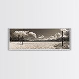 Beach Volleyball, Sand Court, Summer Fun, Tropical Clouds, Framed Canvas Print, Sports Room Wall Art, Coastal Decor, Sepia Beach Art