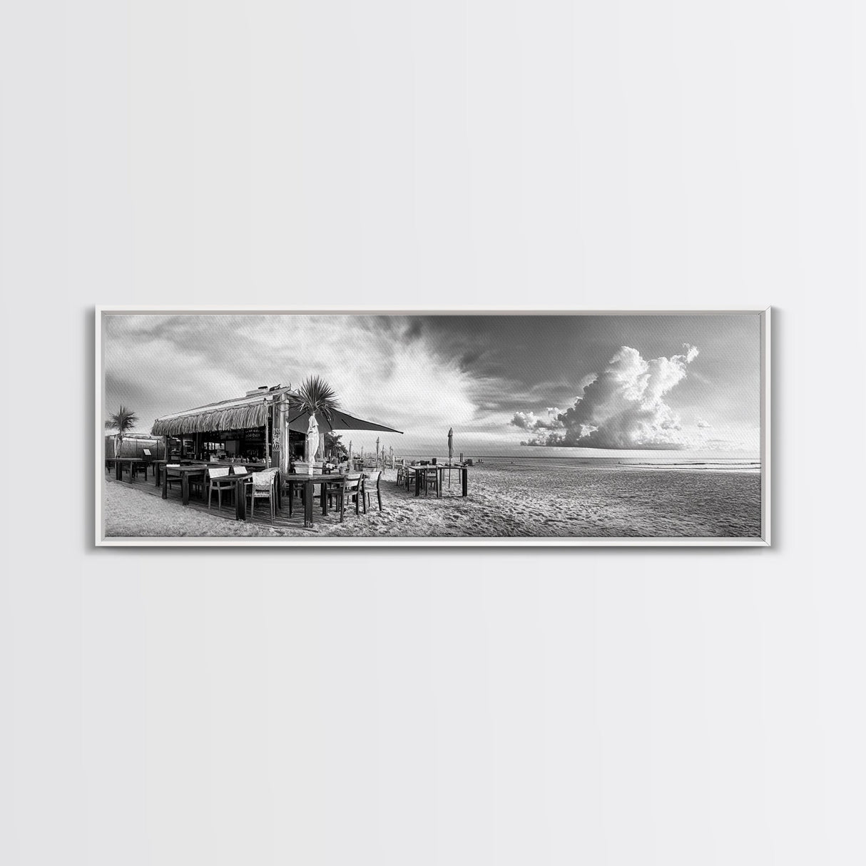 Seaside Bar, Beach Café, Oceanfront Dining, Cloudy Sky, Framed Canvas Print, Kitchen Wall Art, Black and White Tropical Art, Travel Decor