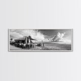 Seaside Bar, Beach Café, Oceanfront Dining, Cloudy Sky, Framed Canvas Print, Kitchen Wall Art, Black and White Tropical Art, Travel Decor