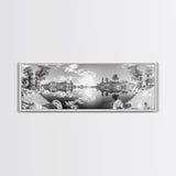 Mountain Reflections, Nature Panorama, Black and White Landscape, Framed Canvas Print, Living Room Wall Art, Modern Wilderness Decor