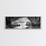 Sea Cave View, Coastal Rock Art, Monochrome Seascape, Framed Canvas Print, Bathroom Wall Art, Nature Photography, Moody Ocean Decor