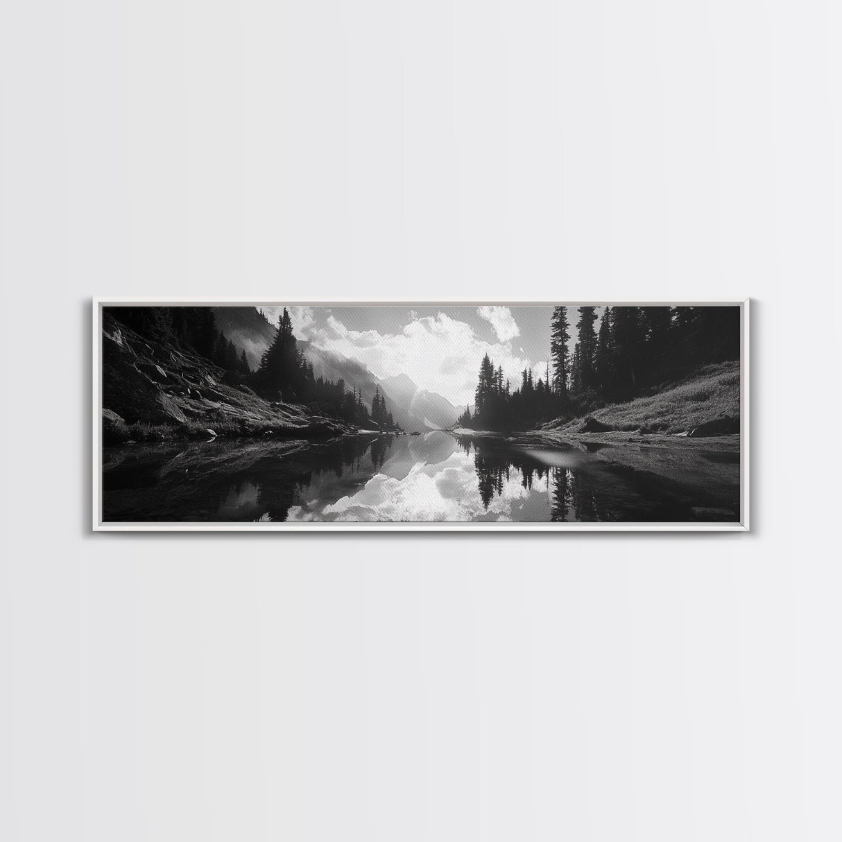 Alpine Lake Scene, Black and White Forest, Serene Mountain Print, Framed Canvas Print, Rustic Wall Art, Cabin Living Room Decor