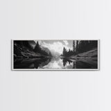Alpine Lake Scene, Black and White Forest, Serene Mountain Print, Framed Canvas Print, Rustic Wall Art, Cabin Living Room Decor