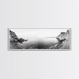 Rocky Coastline, Minimalist Seascape, Black and White Shoreline, Framed Canvas Print, Coastal Wall Art, Bathroom or Hallway Decor