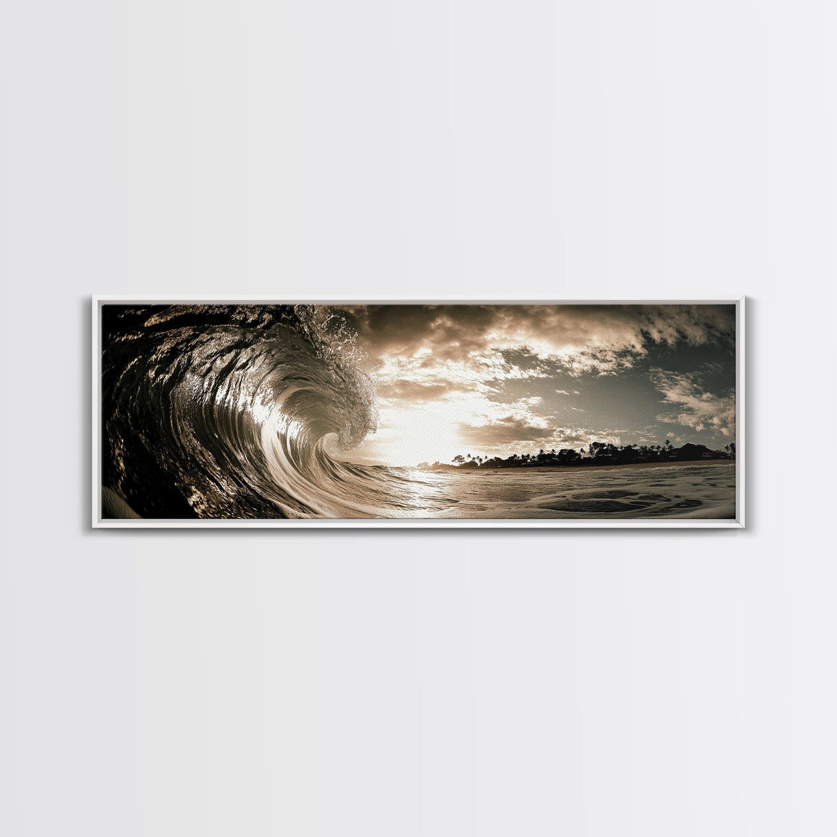 Ocean Wave Curl, Coastal Sunset, Seaside Wall Art, Framed Canvas Print, Surfer Vibes, Modern Beach Decor, Living Room Statement Piece