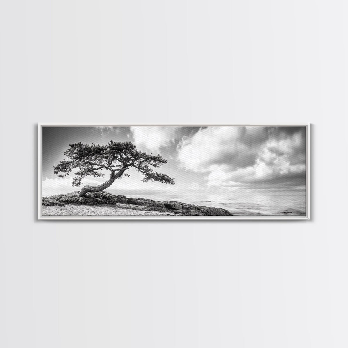 Windswept Tree, Coastal Nature, Ocean Cliff View, Framed Canvas Print, Zen Wall Art, Minimalist Decor, Calm Living Room Accent