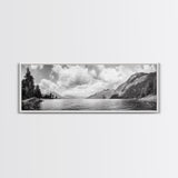Mountain Lake, Forest Panorama, Serene Wilderness, Framed Canvas Print, Nature Lover Wall Art, Rustic Lodge Decor, Neutral Palette