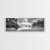 Misty Coastline, Dramatic Shore, Moody Ocean Scene, Framed Canvas Print, Coastal Living Room Art, Black and White Nature Decor