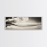Cloudy Beach, Sandy Shoreline, Coastal Serenity, Framed Canvas Print, Neutral Tones Wall Art, Minimalist Bathroom or Hallway Decor