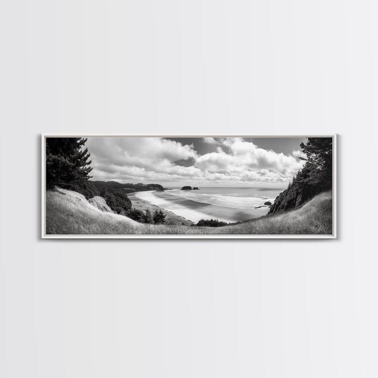 Ocean Bluff View, Seaside Hills, Coastal Forest Horizon, Framed Canvas Print, Nature Landscape Art, Living Room or Office Decor