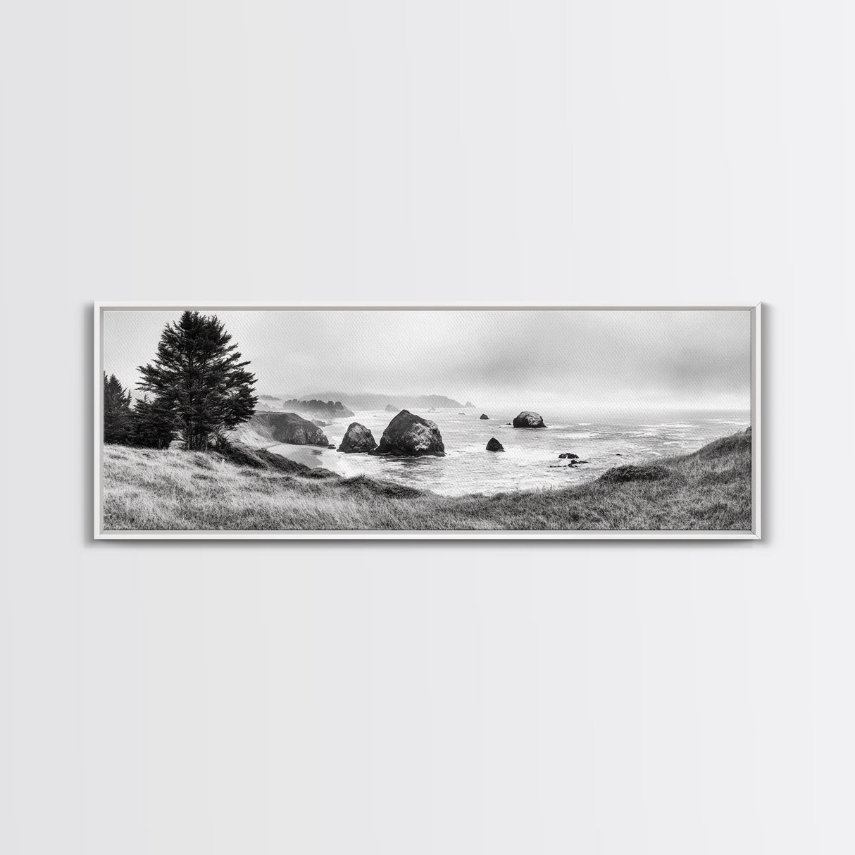 Rocky Coastline Mist, Ocean Cliffs, Foggy Seascape, Moody Decor, Canvas Print, Coastal Wall Art, Nature Photography, Living Room Decor