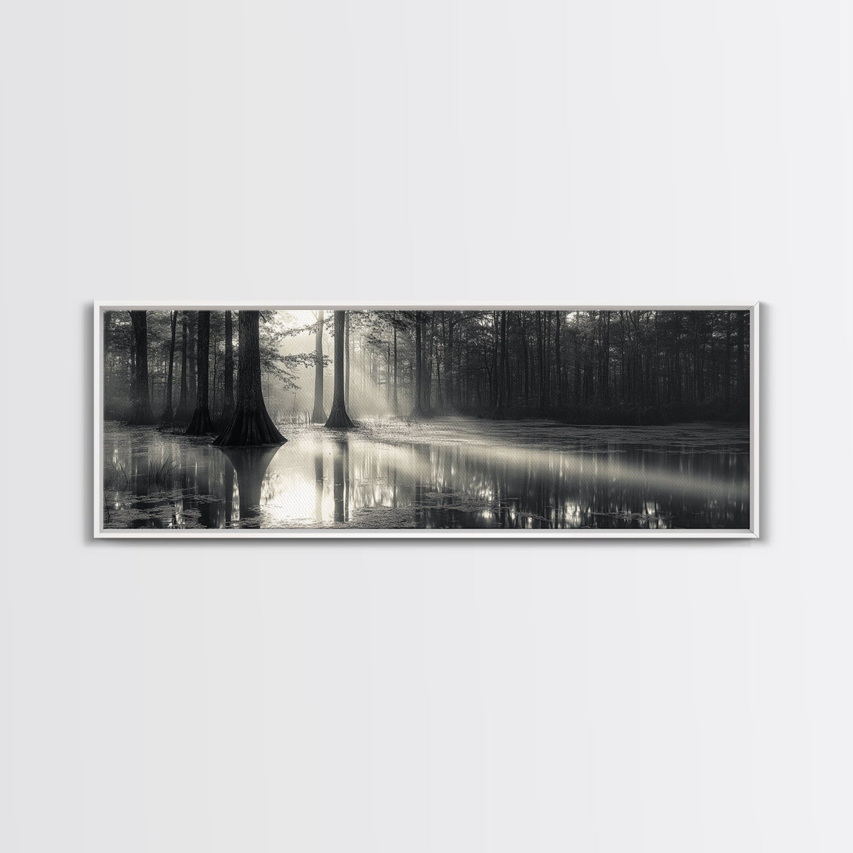 Cypress Swamp, Foggy Forest, Morning Light, Still Waters, Framed Canvas Print, Nature Wall Art, Autumn Decor, Moody Forest Photography