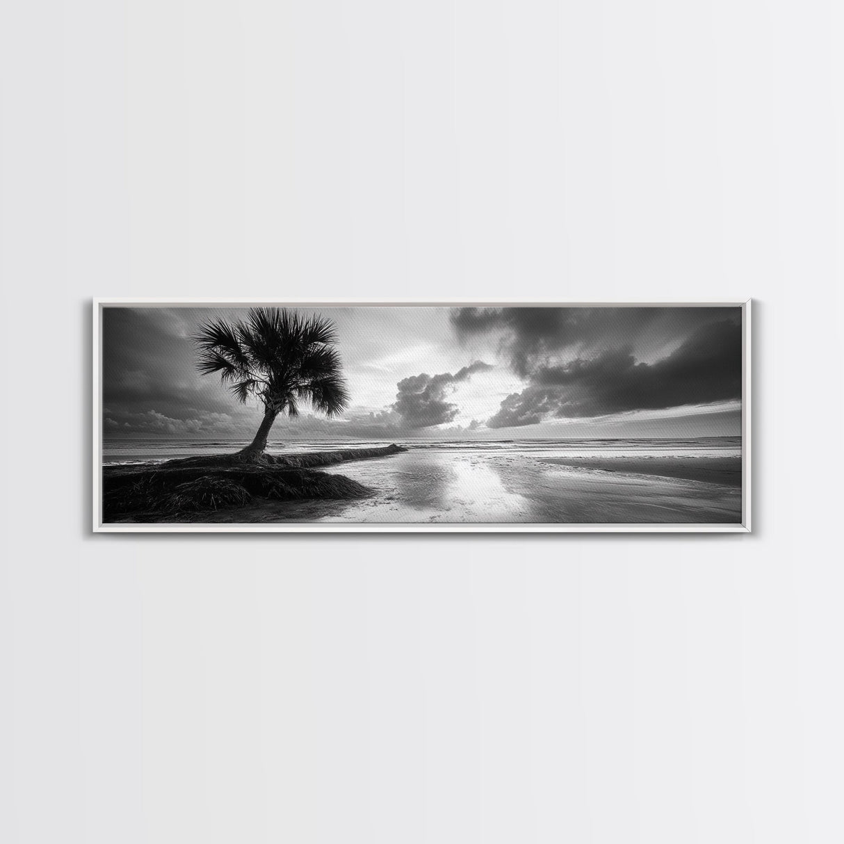 Solitary Palm Tree, Ocean Storm, Moody Landscape, Beach Wall Decor, Framed Canvas Print, Coastal Living Room Art, Monochrome Photography