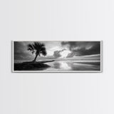 Solitary Palm Tree, Ocean Storm, Moody Landscape, Beach Wall Decor, Framed Canvas Print, Coastal Living Room Art, Monochrome Photography