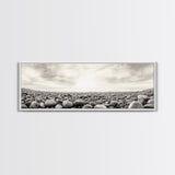 Pebble Shoreline, Soft Horizon, Beach Sunrise, Calm Coastal Decor, Framed Canvas Print, Neutral Tones, Bedroom Wall Art, Nature Minimalism