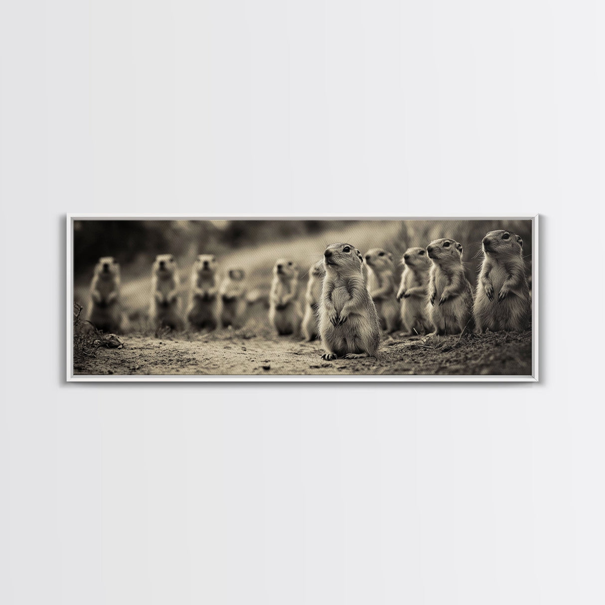 Prairie Dogs, Whimsical Critters, Nature Gathered, Canvas Print, Kids Room Art, Cute Animal Decor, Playful Black and White Art