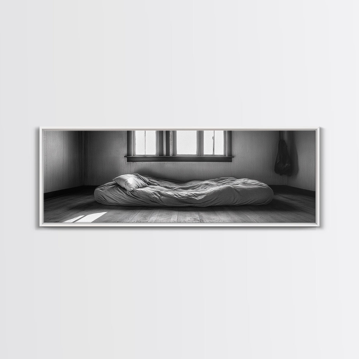 Minimalist Bedroom, Simple Living, Monochrome Bed, Peaceful Morning, Framed Canvas Print, Bedroom Wall Art, Moody Art, Farmhouse Art
