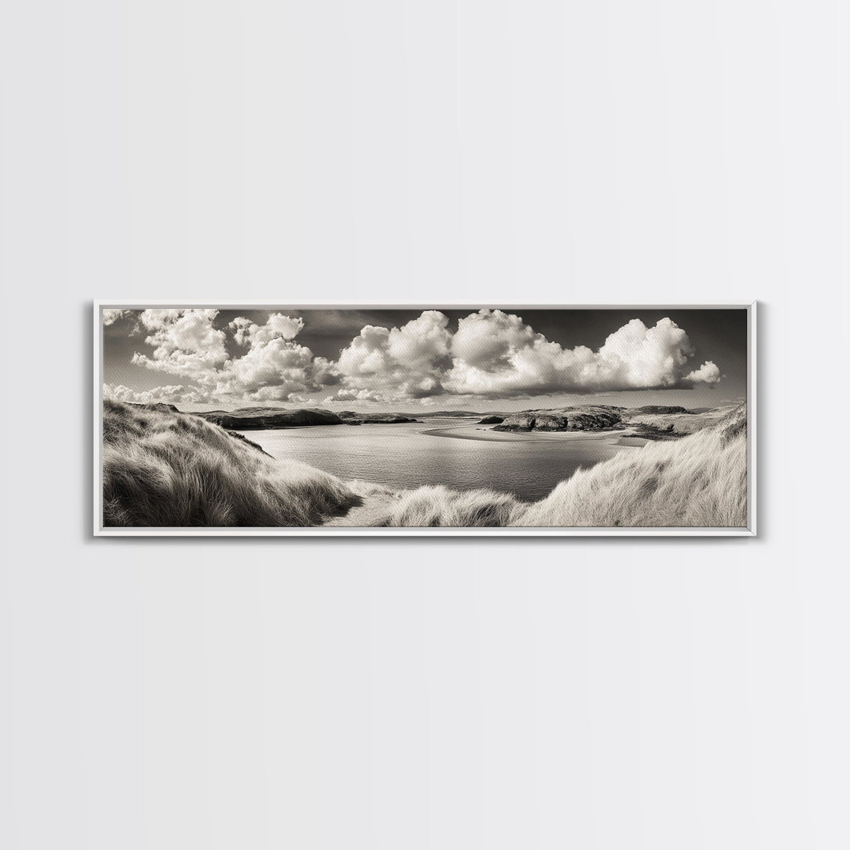 Misty Lake, Peaceful Shore, Cloud Reflections, Canvas Print, Black and White Nature Art, Coastal Landscape, Bedroom Wall Art, Minimalist Decor