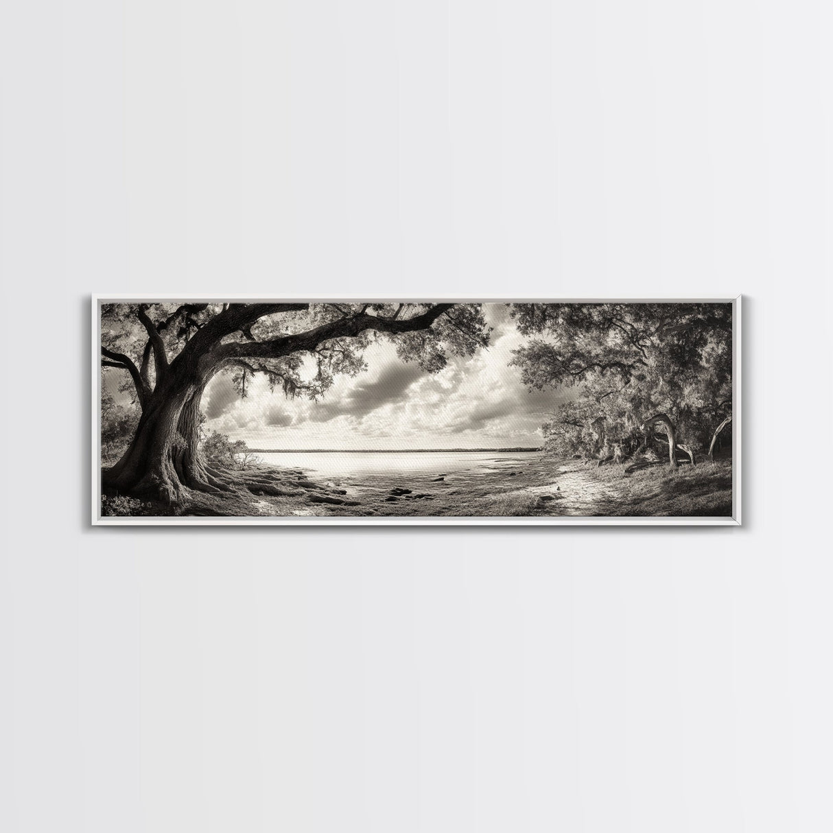 Ancient Tree, Spanish Moss, Forest Path, Framed Canvas Print, Rustic Nature Art, Living Room Wall Art, Earthy Tones, Woodland Photography