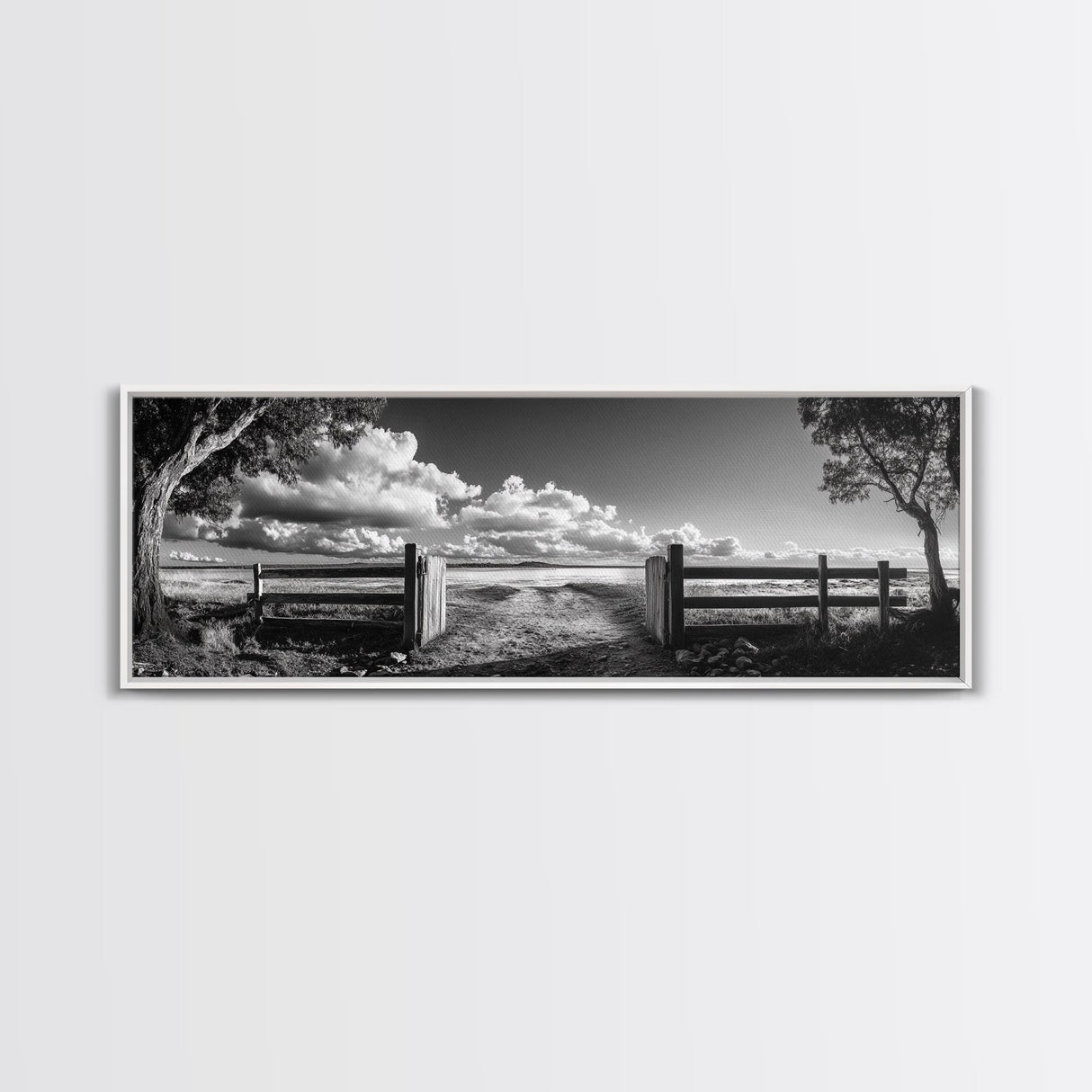 Wooden Fence, Open Field, Cloud Horizon, Framed Canvas Print, Country Landscape Photography, Entryway Wall Art, Farmhouse Autumn Decor