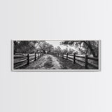 Tree Tunnel, Country Path, Fence Shadows, Framed Canvas Print, Black and White Nature Art, Rustic Wall Art, Autumn Entryway Decor