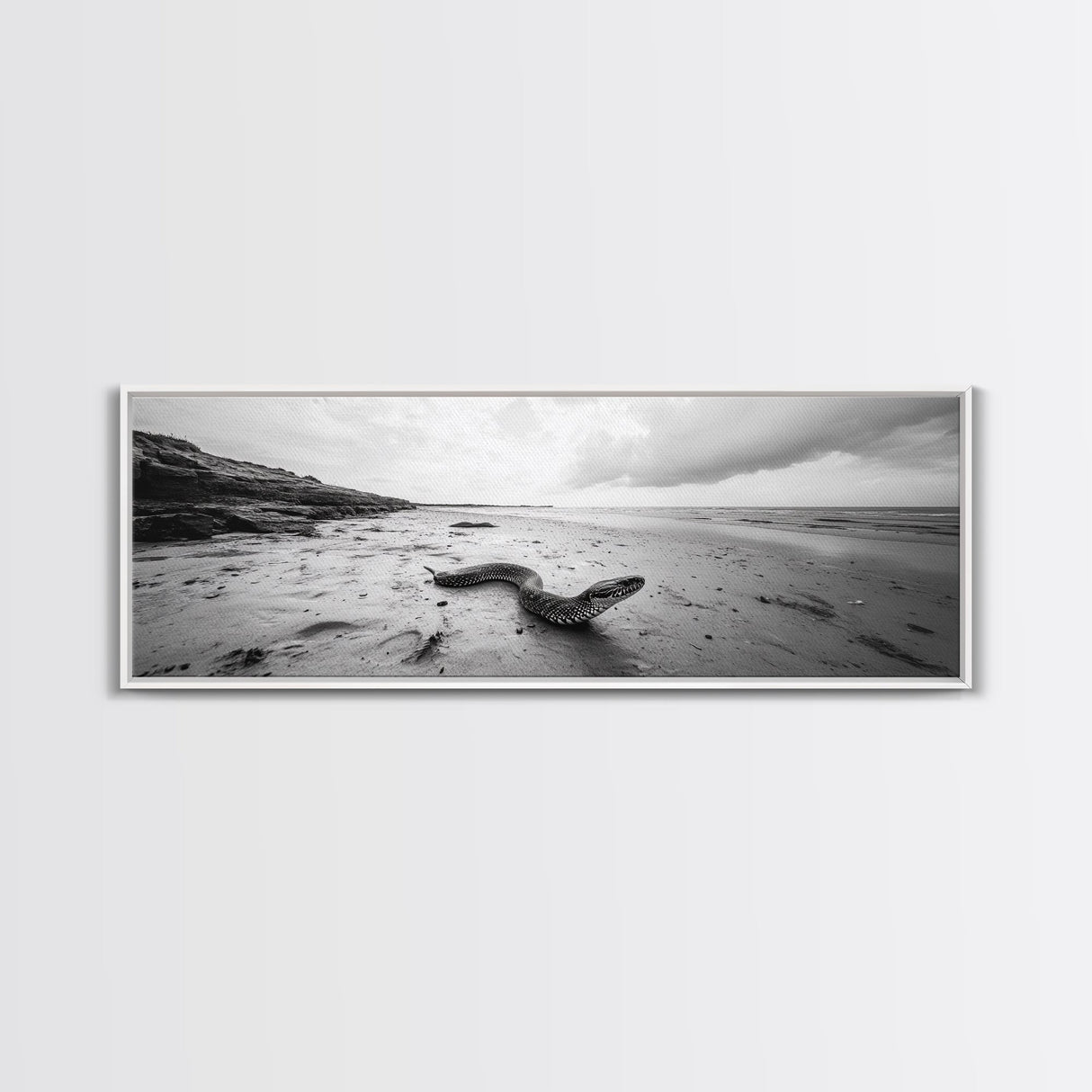 Snake On Beach, Coastal Wildlife, Dramatic Black and White, Framed Canvas Print, Nature Wall Art, Minimalist Decor, Office Statement Art