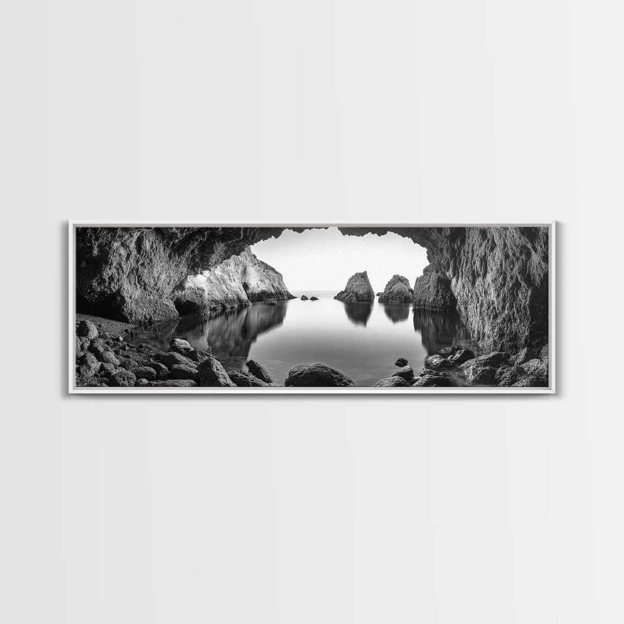Sea Cave View, Ocean Reflections, Nature Escape, Framed Canvas Print, Beach House Wall Art, Zen Decor, Black and White Coastal Style