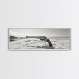 Revolver On Beach, Western Vibes, Americana Style, Framed Canvas Print, Man Cave Wall Art, Bold Statement Decor, Coastal Contrast