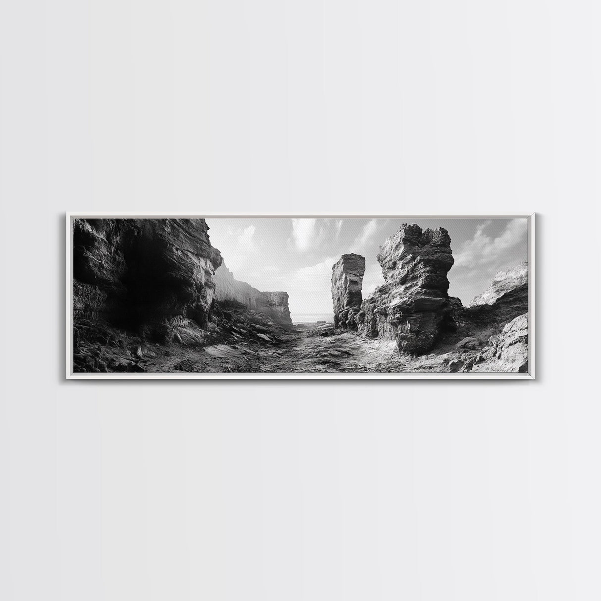Coastal Rock Passage, Ocean Cliffside Art, Natural Texture Photography, Framed Canvas Print, Bathroom or Hallway Wall Art