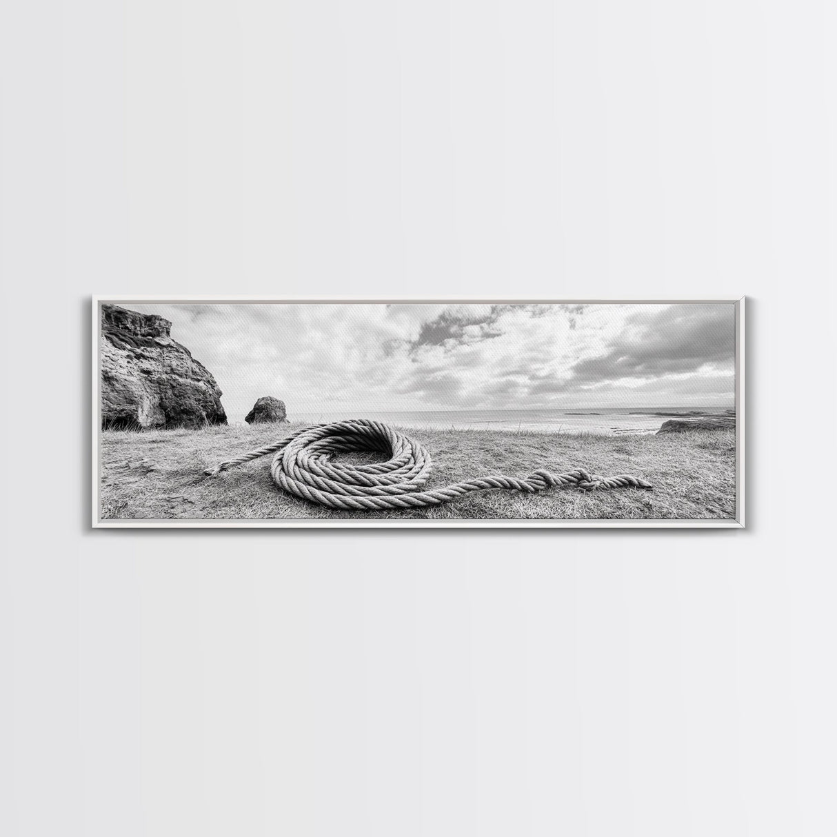 Coastal Rope, Windswept Bluff, Seaside Grass, Framed Canvas Print, Beach House Art, Nautical Decor, Neutral Living Room Style