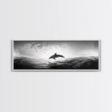 Ocean Dolphin Jump, Seascape Art, Black White Photography, Coastal Wall Decor, Canvas Print, Minimalist Bathroom Wall Art, Nautical Style