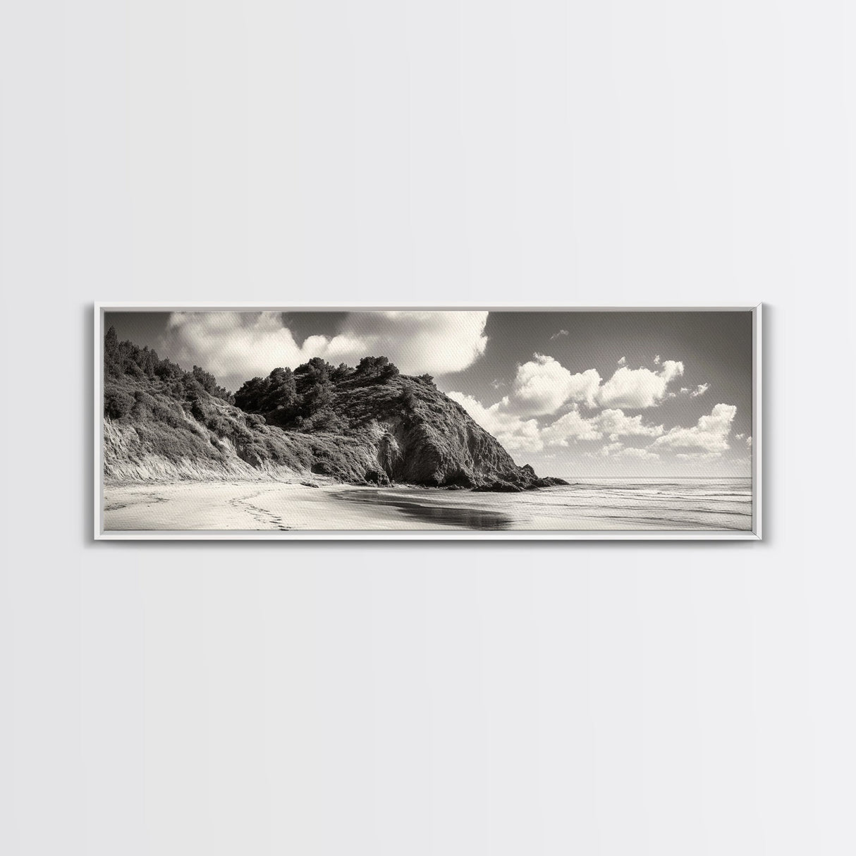 Seaside Cliff, Pine Hills, Sandy Beach, Canvas Print, Coastal Landscape Art, Modern Nature Decor, Beach House Living Room Style