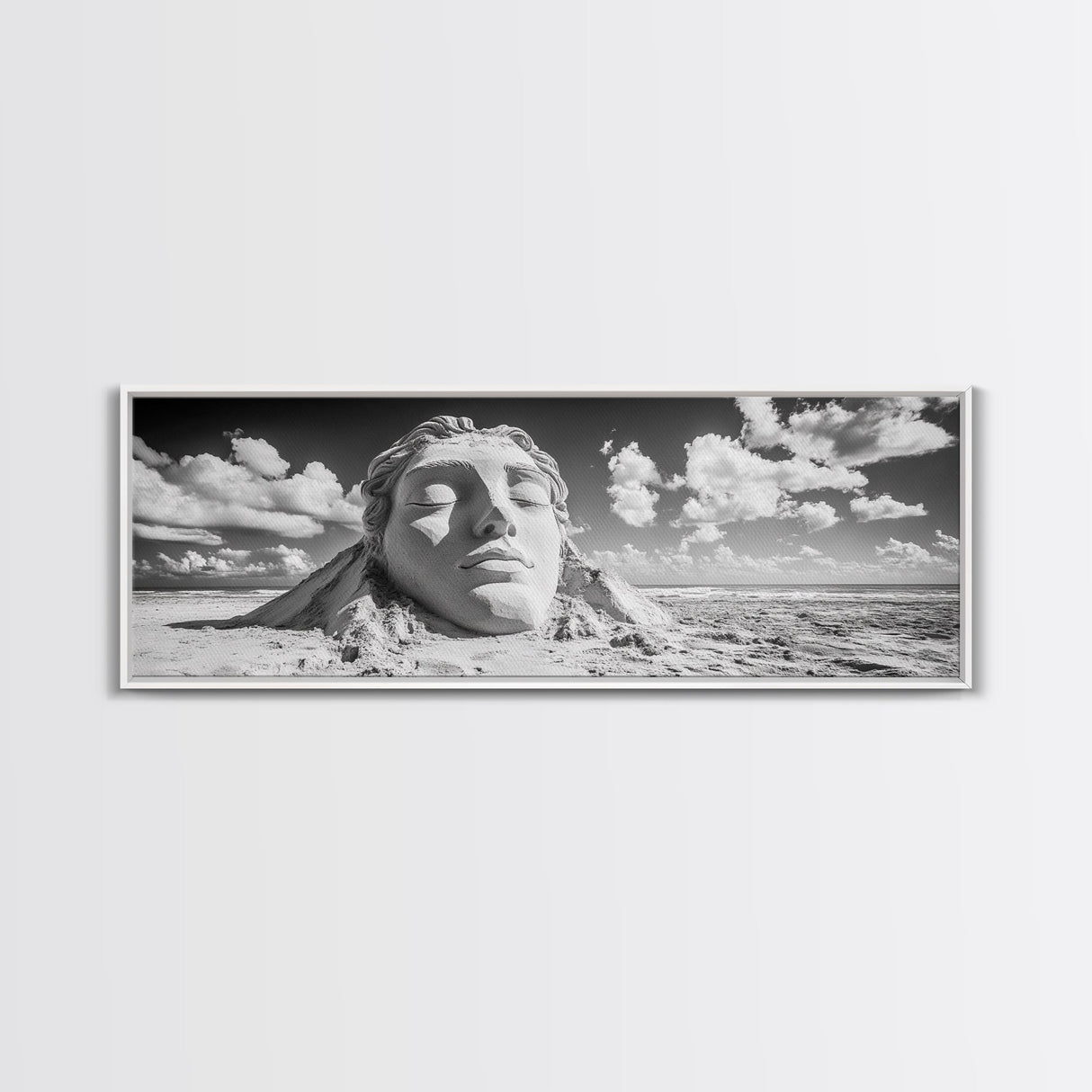 Sand Sculpture Head, Beach Goddess, Coastal Calm, Surreal Beauty, Framed Canvas Print, Modern Wall Art, Living Room Decor, Minimalist Art