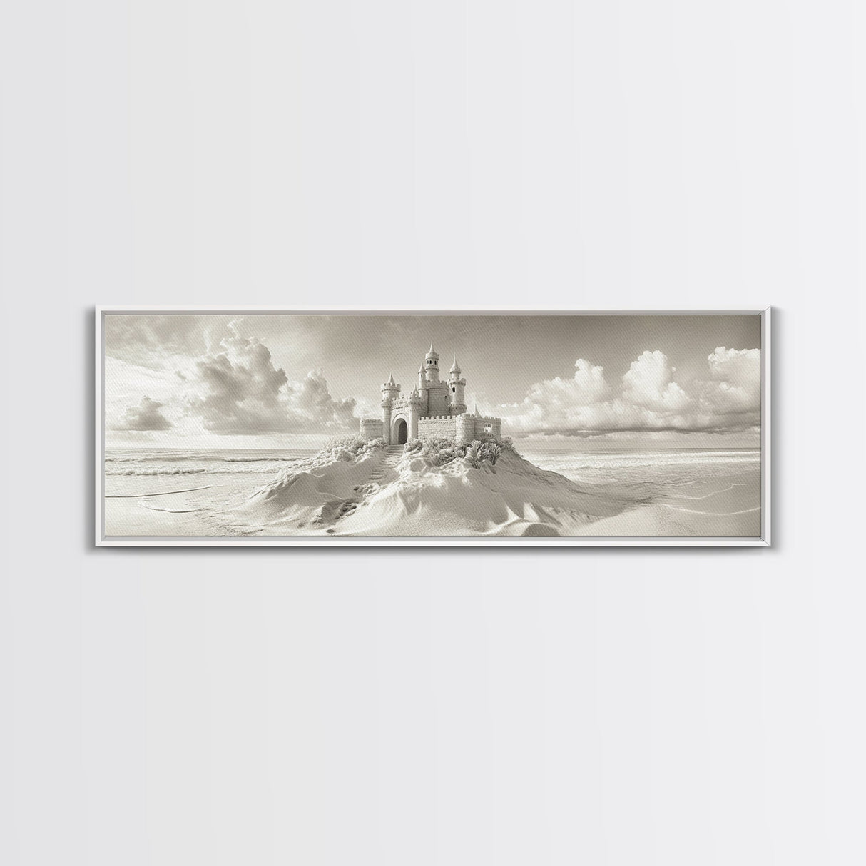 Fantasy Sand Castle, Seaside Kingdom, Dreamy Beach Scene, Magical Vibes, Framed Canvas Print, Kids Room Art, Whimsical Decor, Coastal Theme