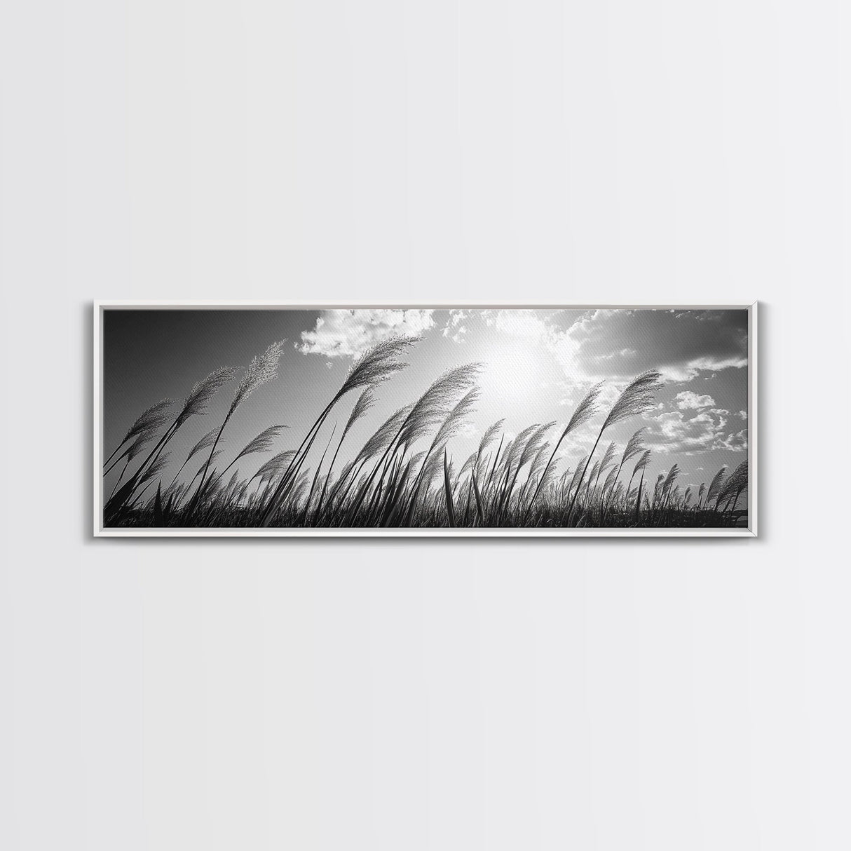 Windy Grass Field, Sunlit Sky, Nature Movement, Prairie Glow, Framed Canvas Print, Fall Wall Art, Living Room Decor, Boho Rustic Aesthetic